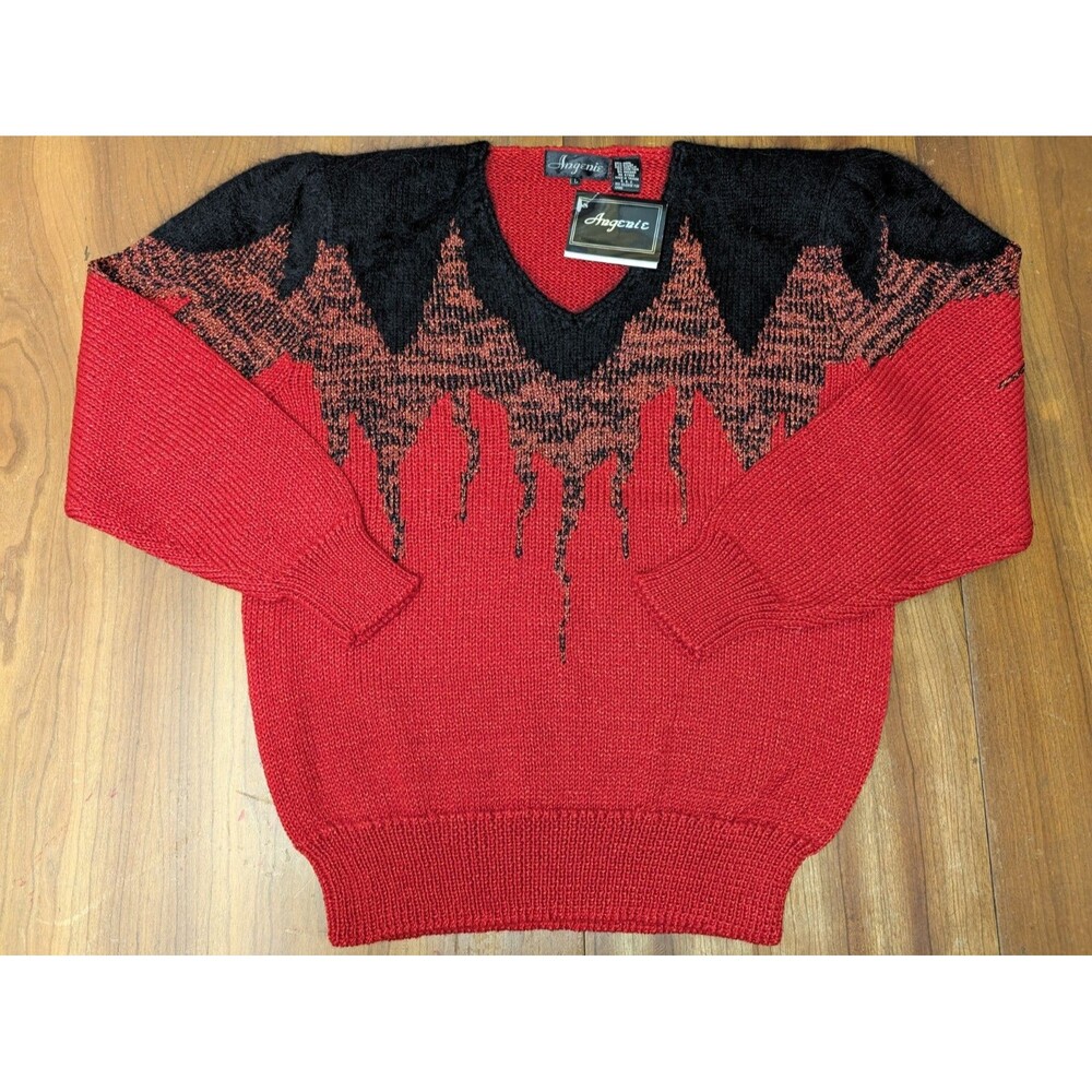 Vintage Angenie Red Black Graphic Knit V-Neck Sweater Size L NWT Angora Wool